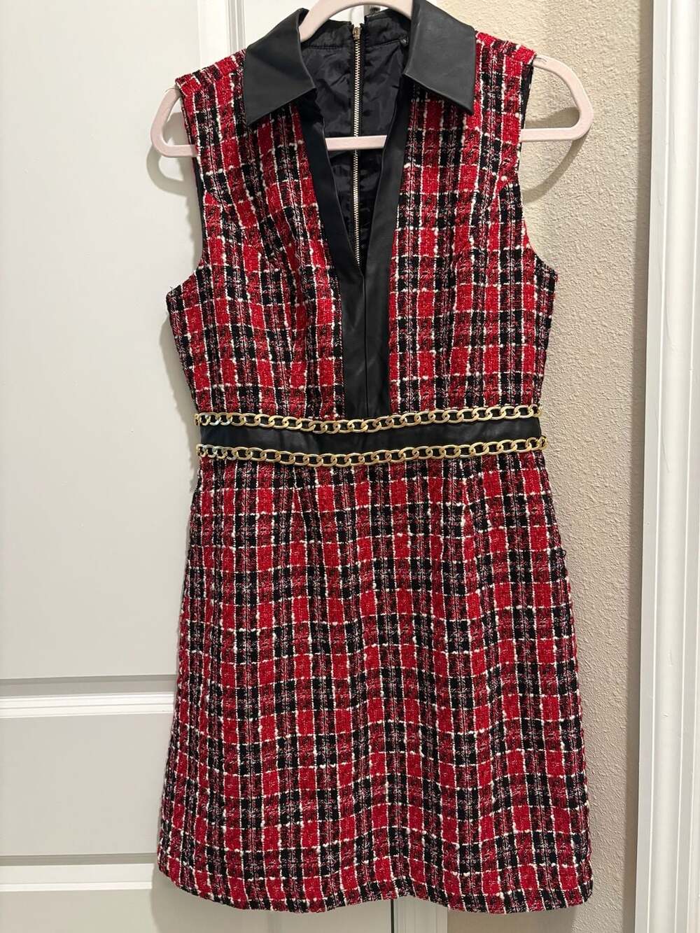 Venus Red and Black Tweed Mini Dress with Faux Leather Collar, Gold Chain Belt